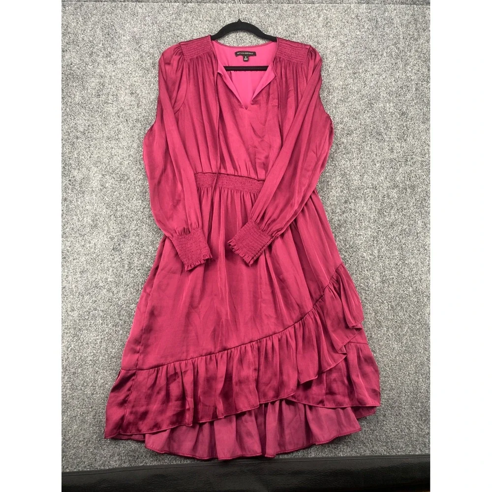 Banana Republic Smocked Waist Ruffle Midi Dress Women 8 Magenta Pink Long Sleeve